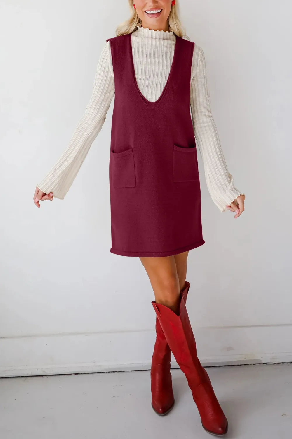Pocketed V-Neck Sweater Overall Dress