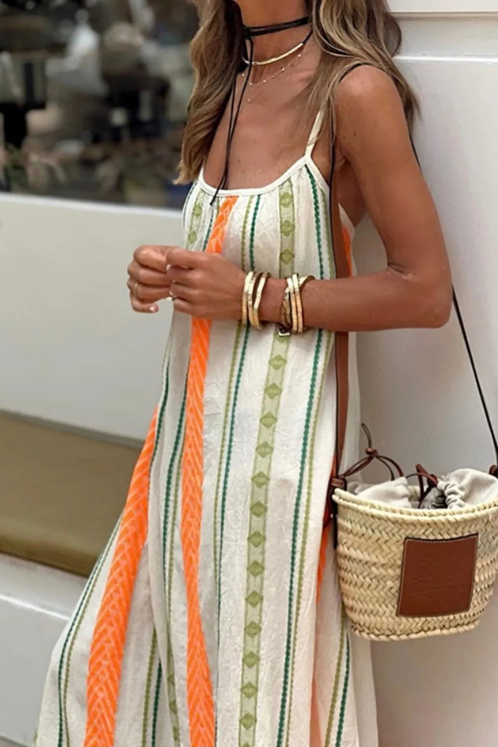 Striped Ruffled Maxi Cami Dress in Tangerine