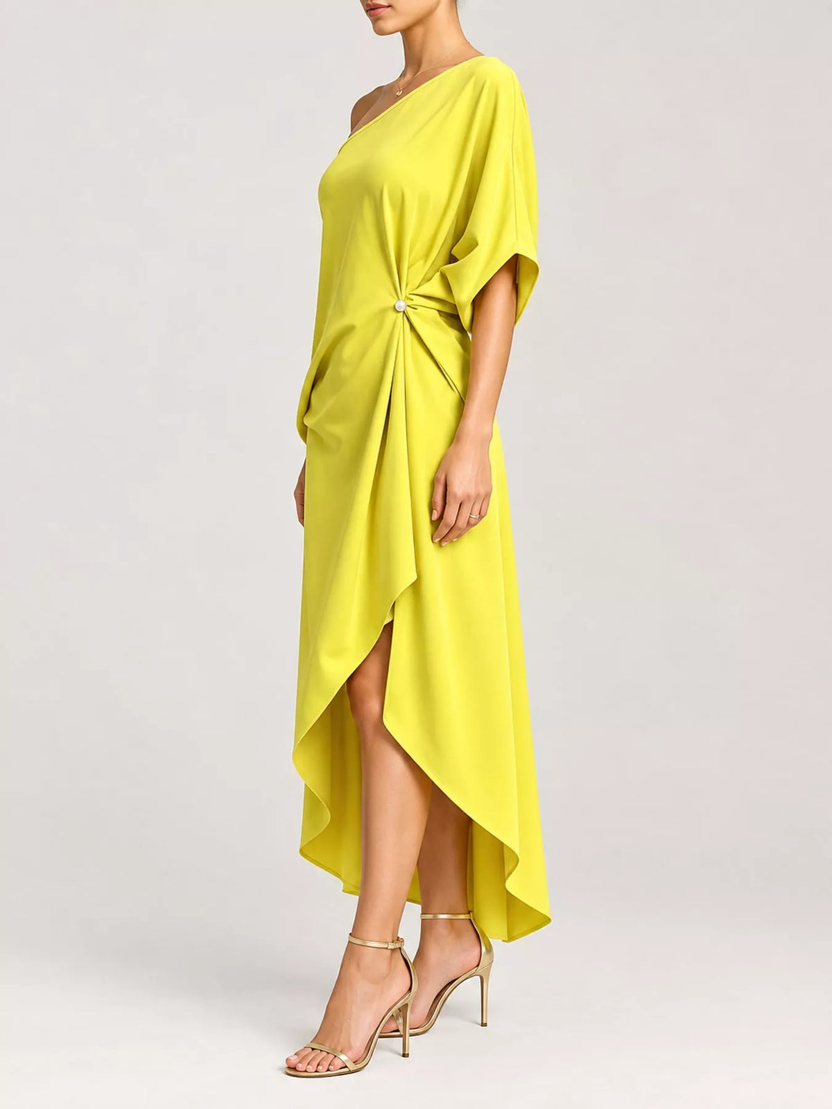 One-Shoulder Asymmetric Hem Midi Dress