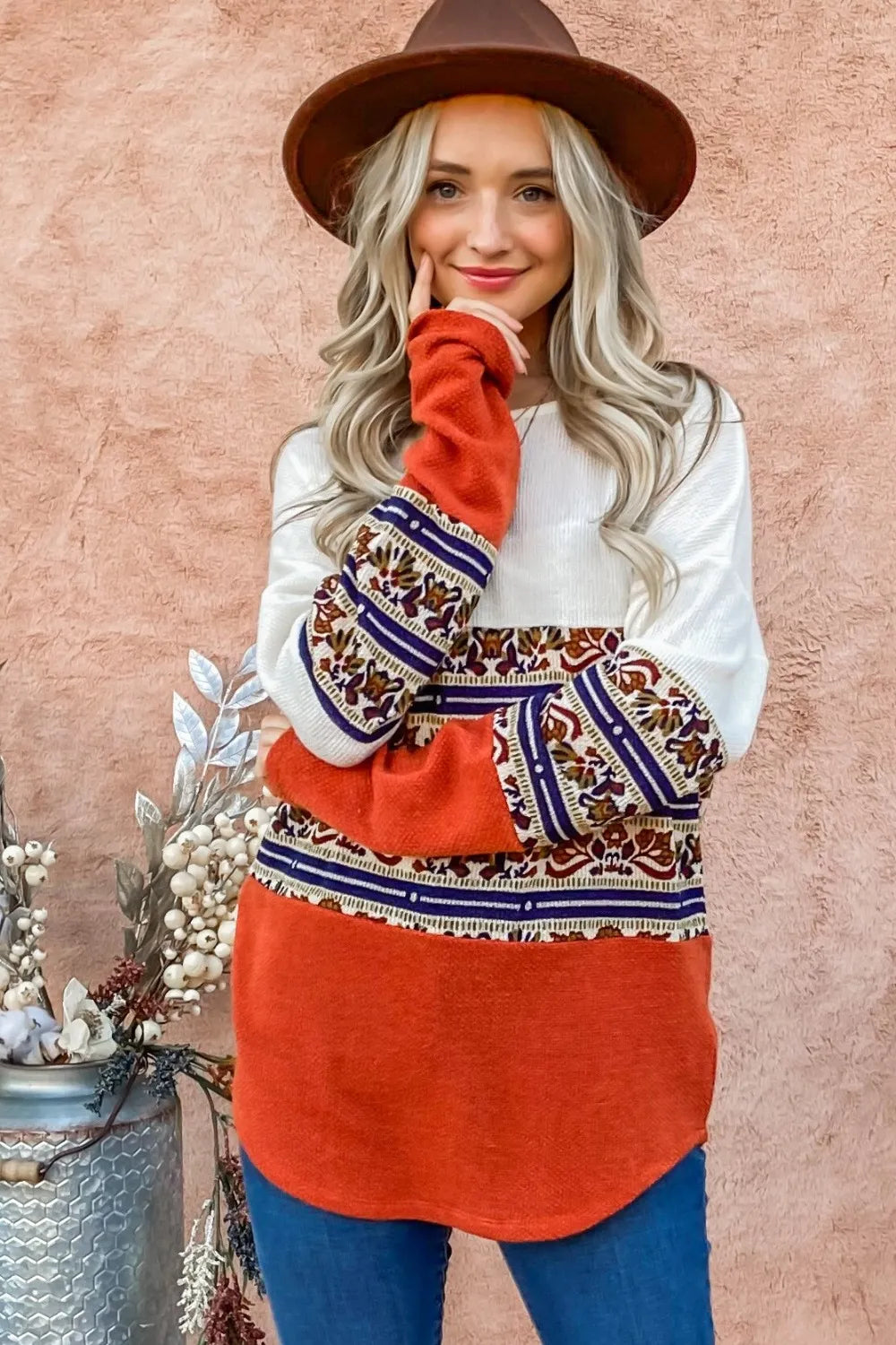 And The Why Ethnic Print Color Block Top in Rust