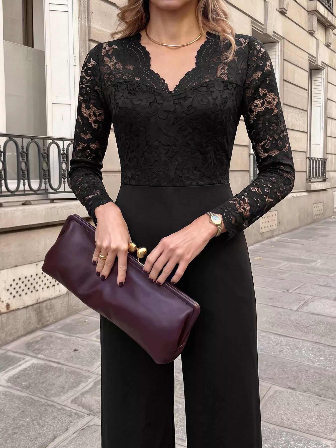Lace Long Sleeve Wide-Leg Jumpsuit in Black