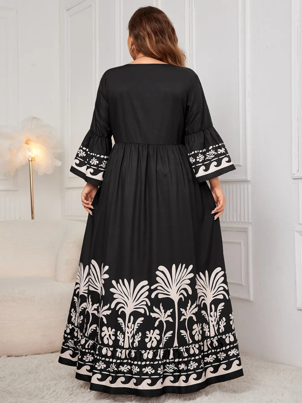 Printed V-Neck Long-Sleeve Maxi Dress in Black, Plus Size