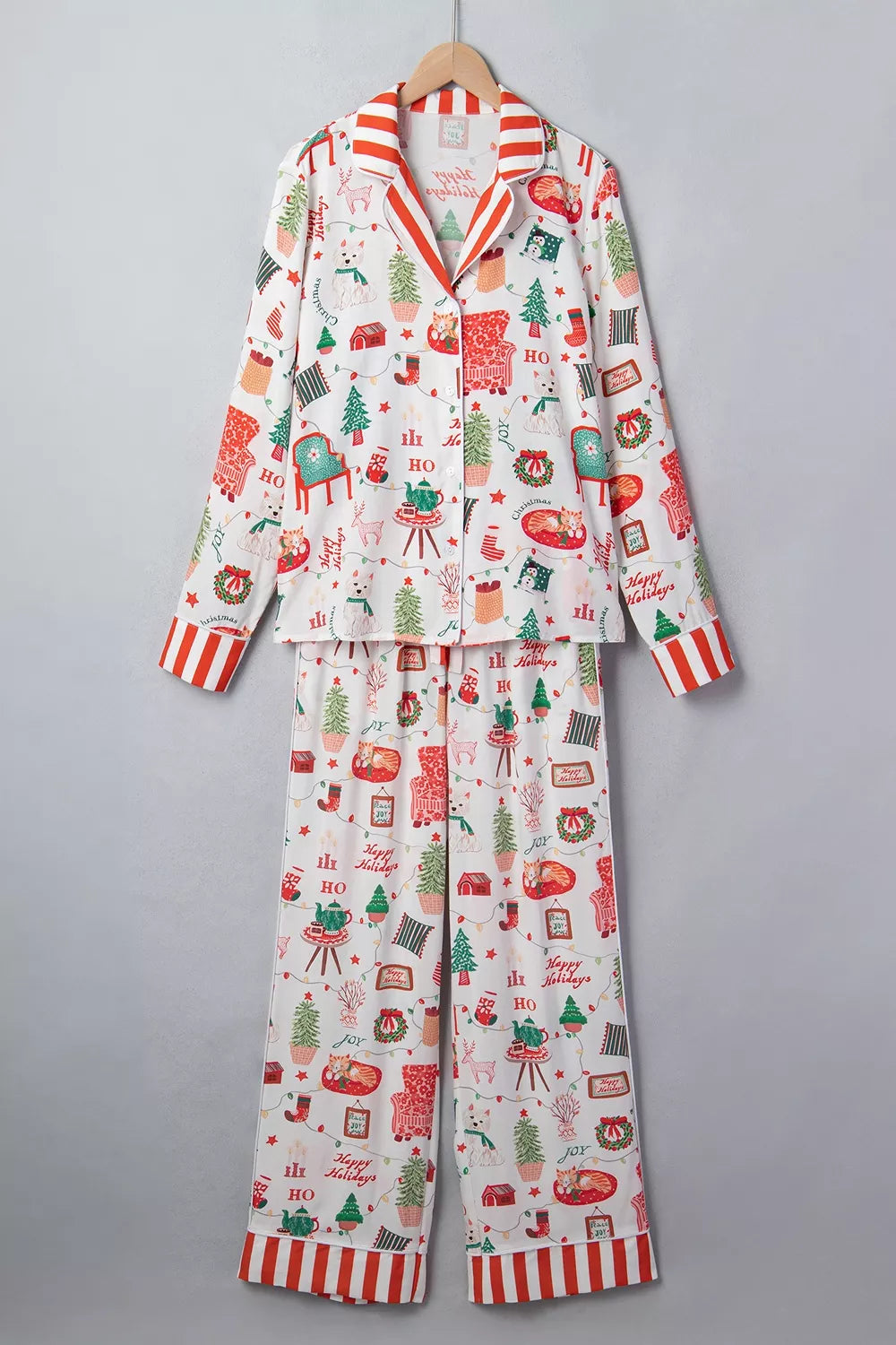 Striped Button-Front Long-Sleeve Lounge Set in White