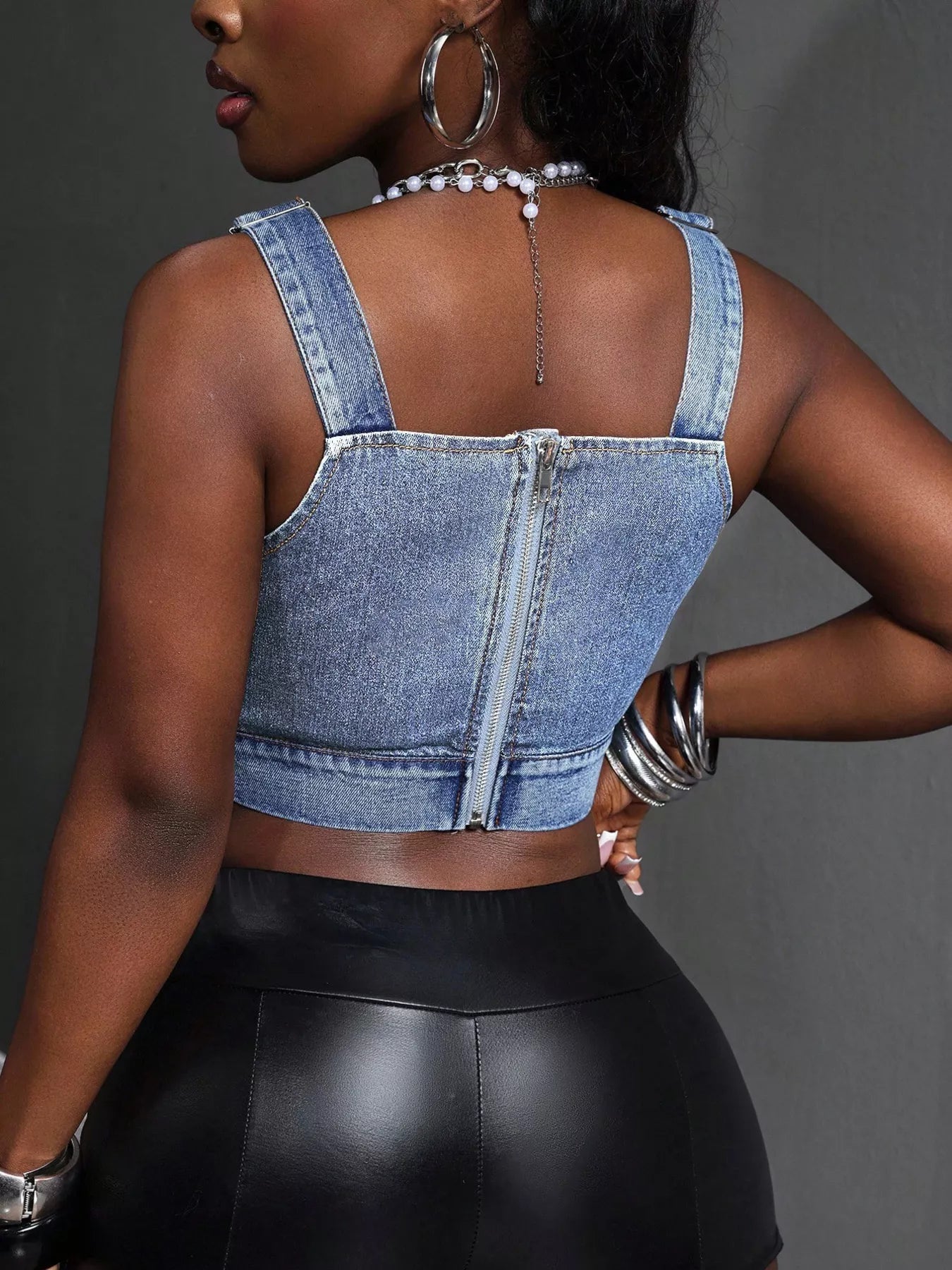 Cropped Denim Top with Adjustable Straps in Blue