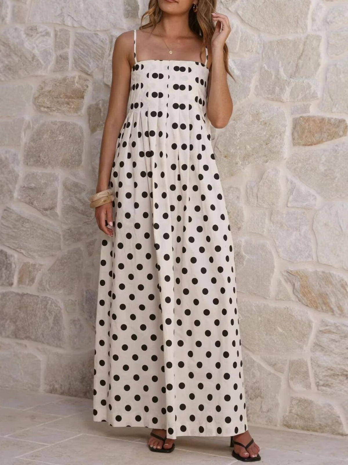 Pleated Polka Dot Maxi Dress