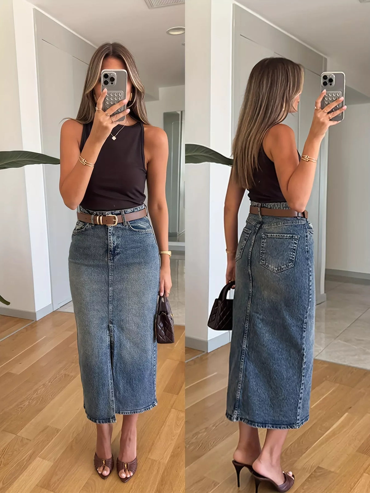 Pocketed Slit Front Denim Skirt in Medium by Lone Star Lady