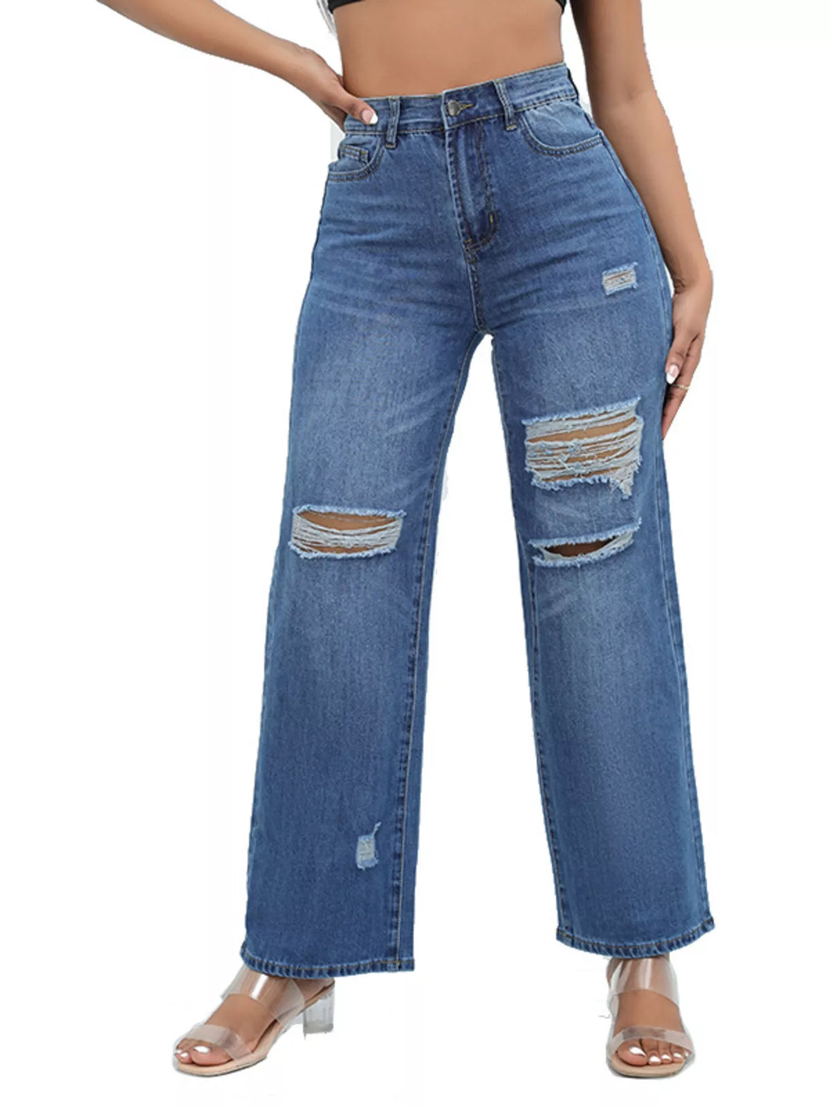 Distressed Wide Leg Jeans with Cat's Whisker Detail