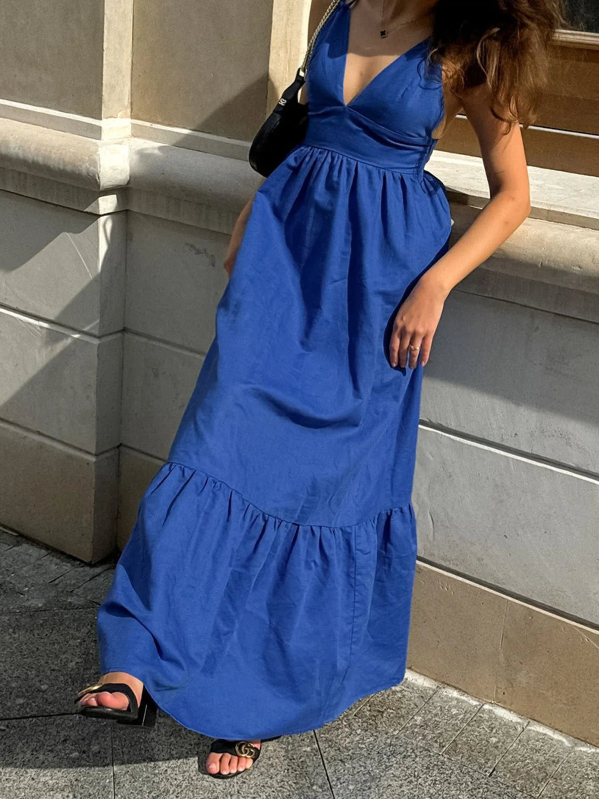 V-Neck Tiered Maxi Cami Dress in Blue