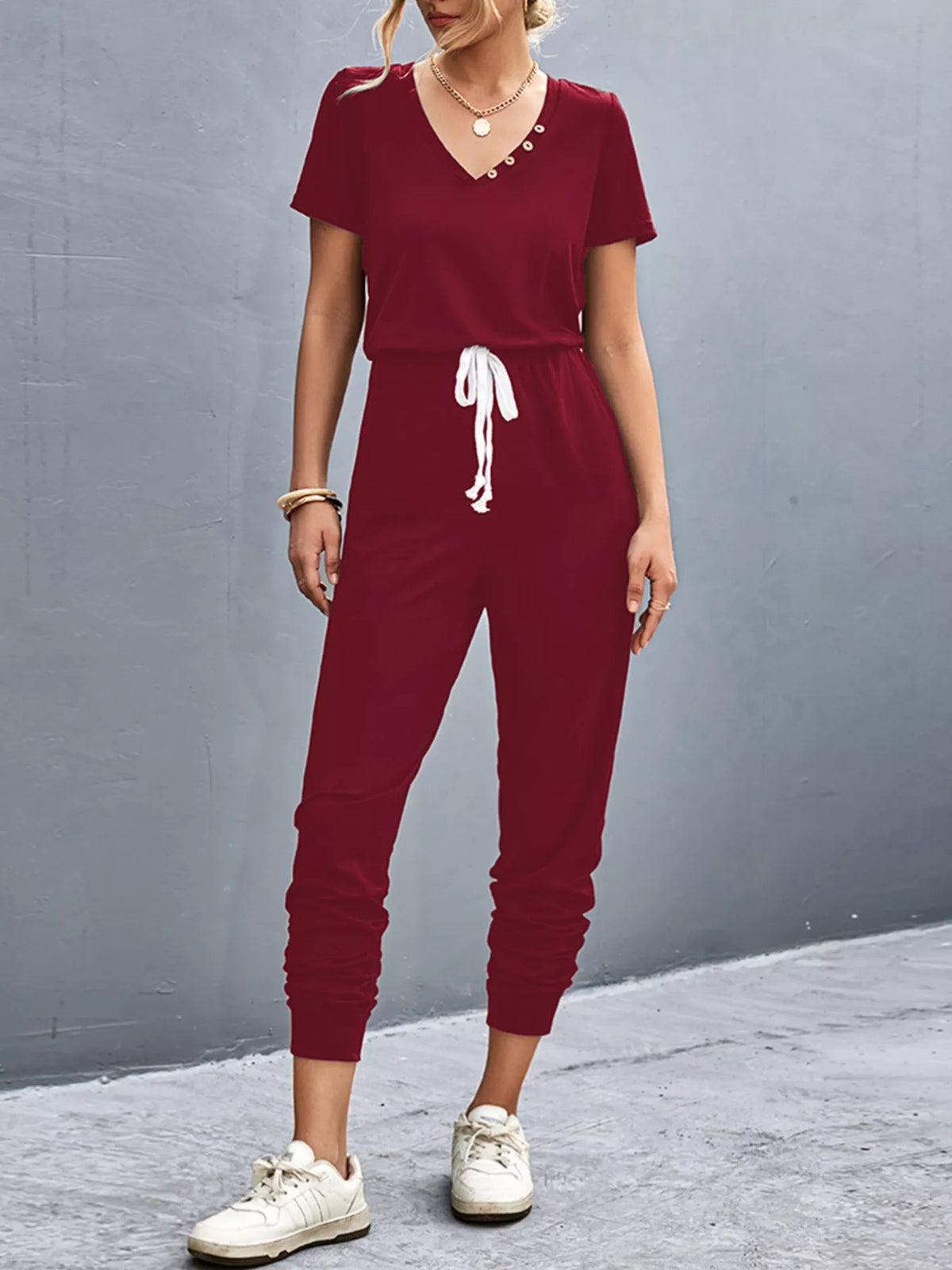 V-Neck Drawstring Waist Jumpsuit in Burgundy