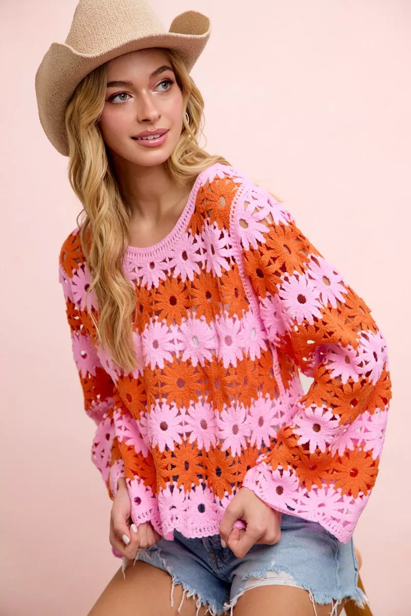 Flower Crochet Knit Top in Pink/Red by BiBi