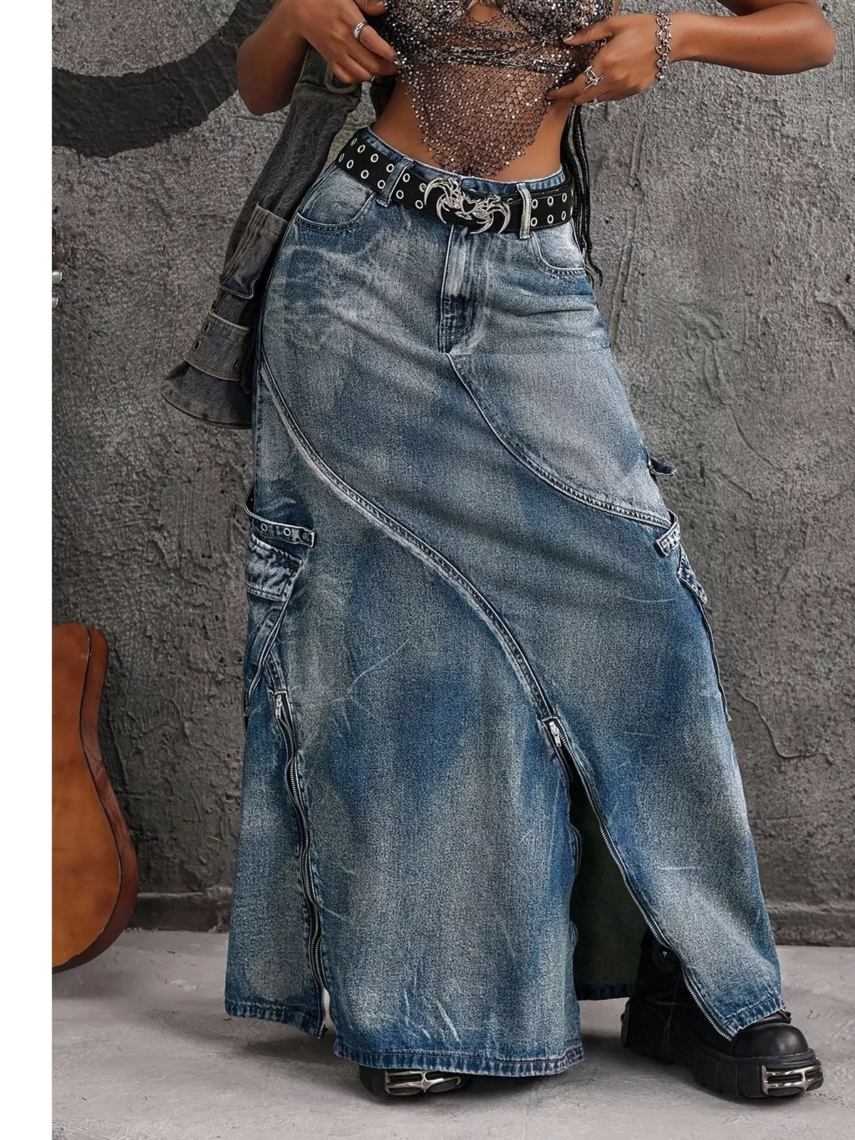 High-Waisted Denim Maxi Skirt in Blue