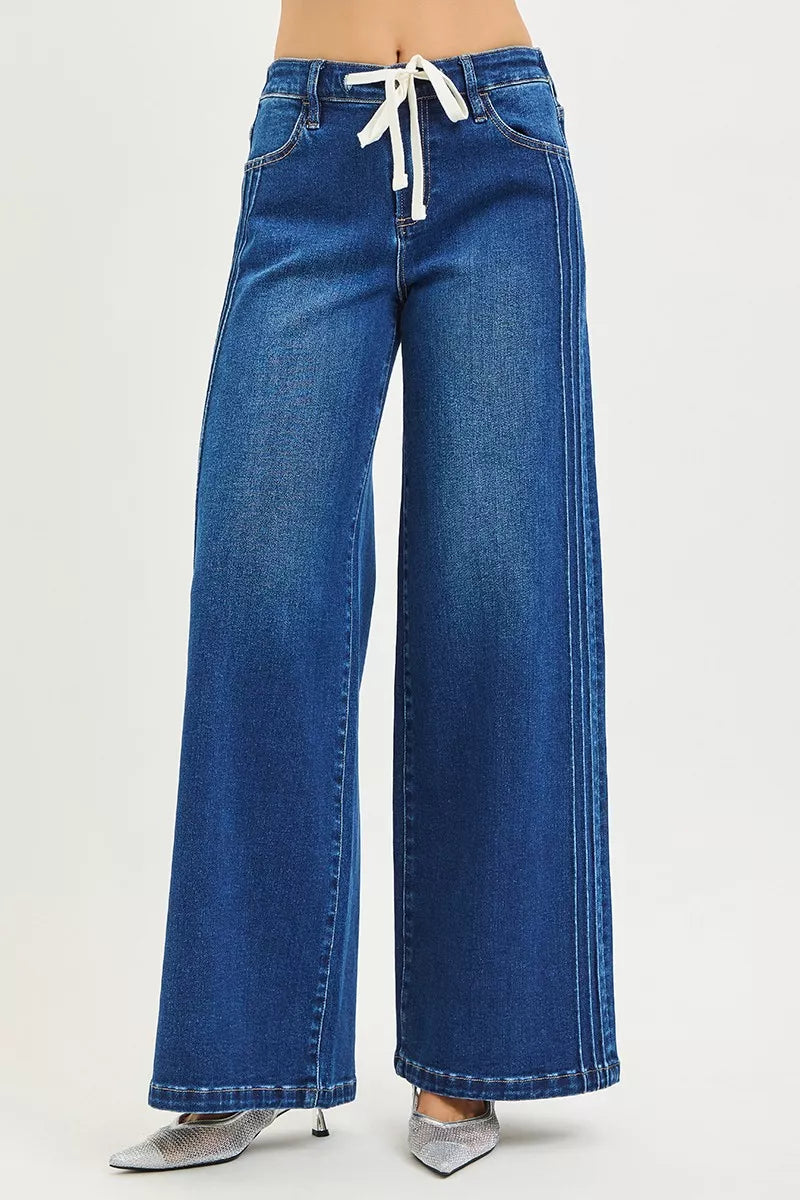 Risen Pintuck Drawstring Wide Leg Jeans in Dark Wash