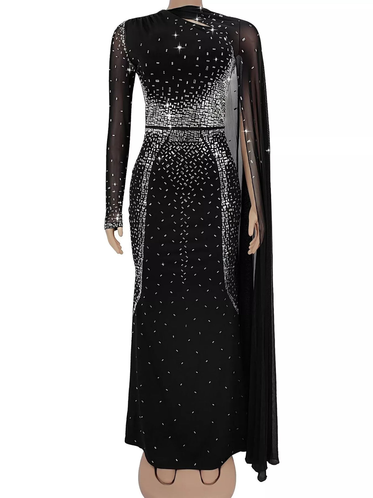 Rhinestone Cape Maxi Dress in Black