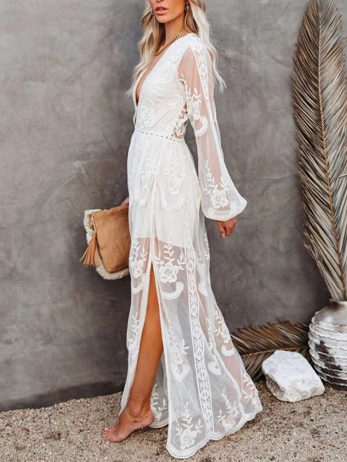 Floral Lace Maxi Dress with Side Slit