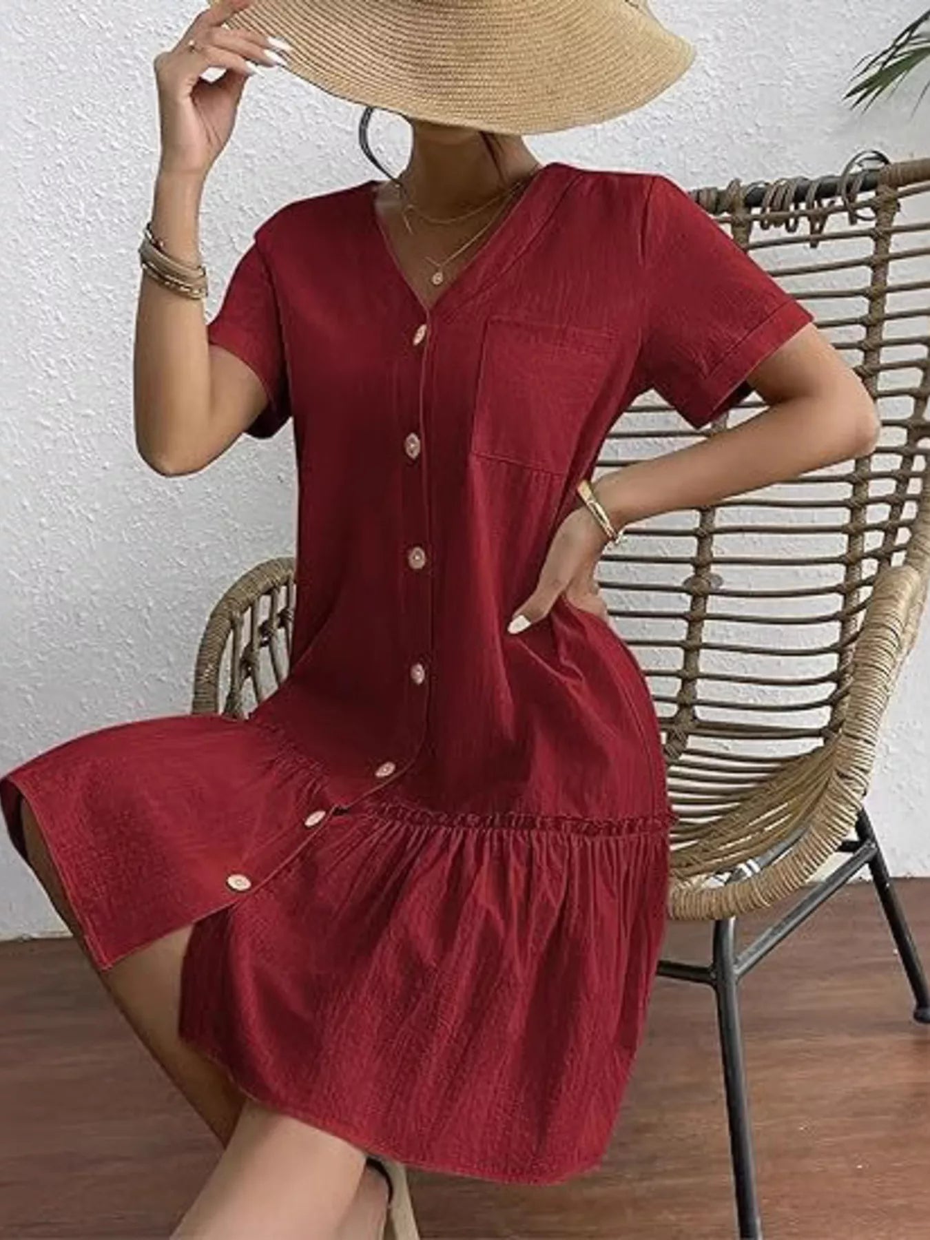 Button-Down Ruffle Hem Mini Dress