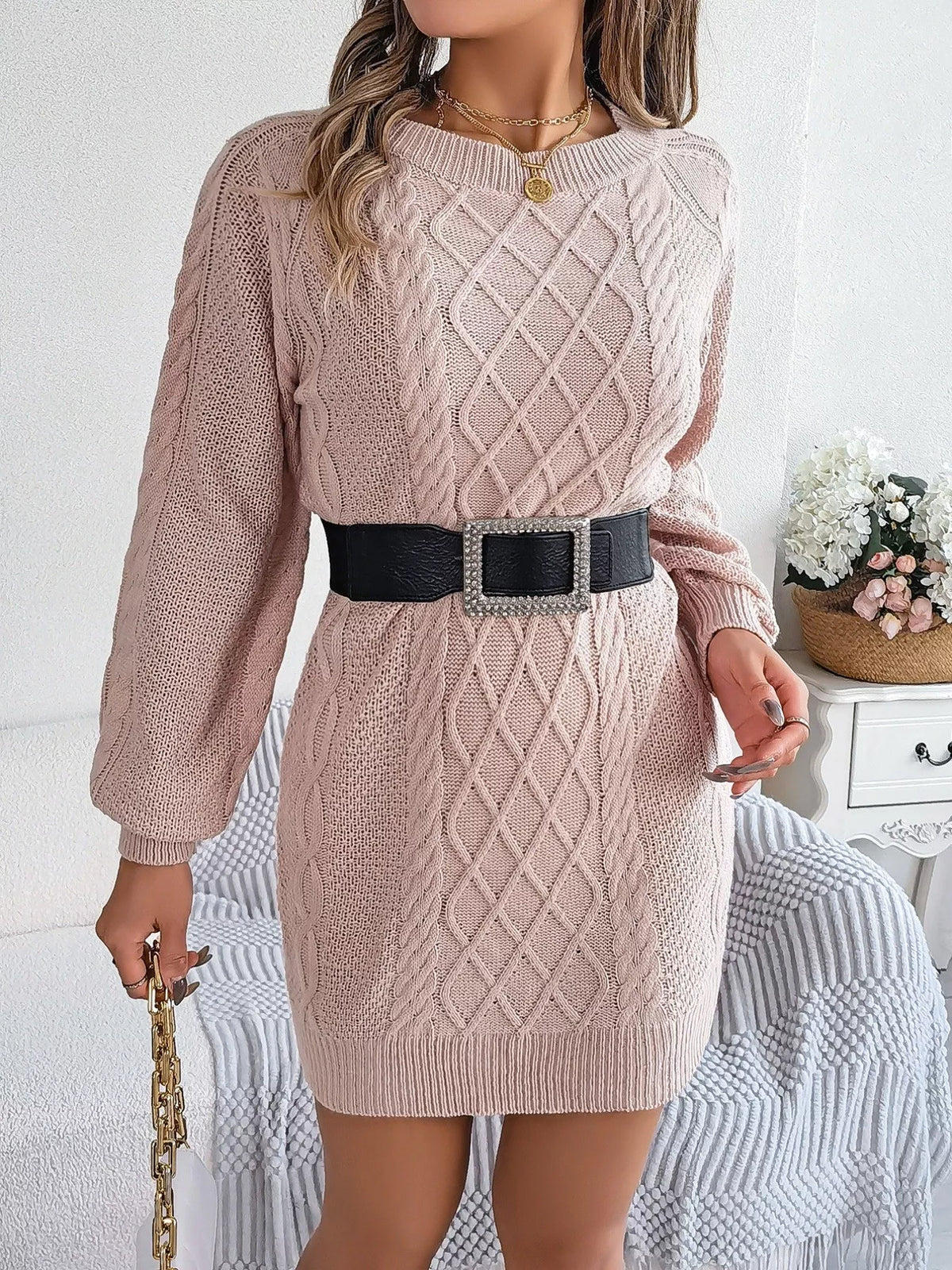 Diamond Cable-Knit Sweater Dress
