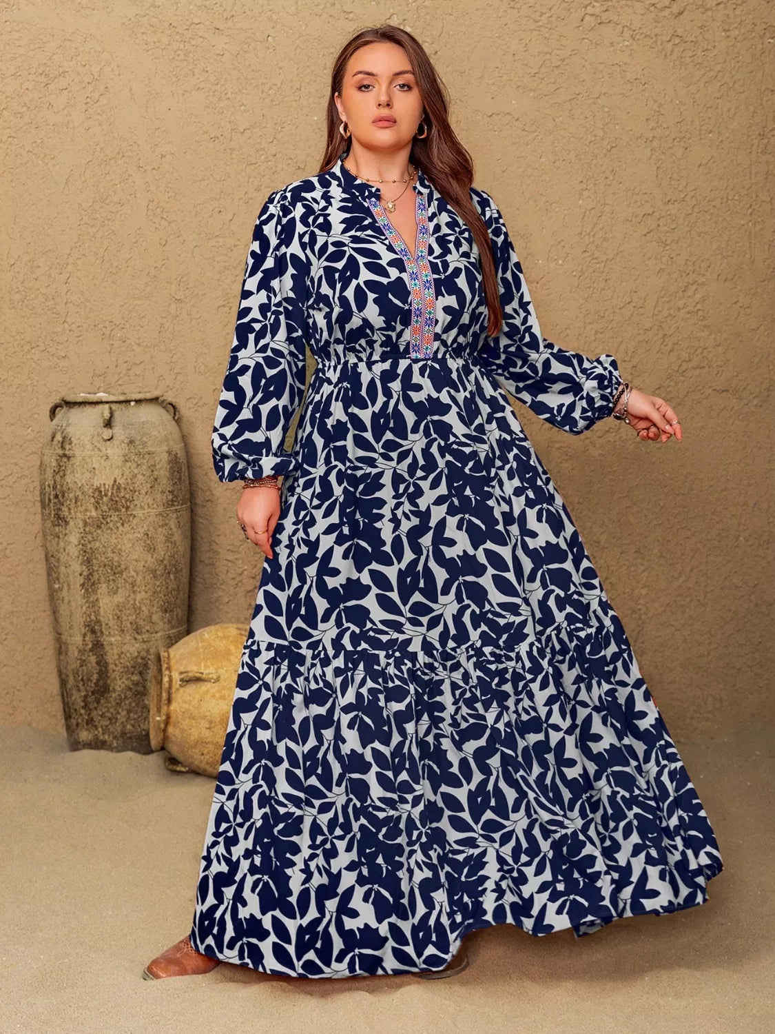 Notched Floral Long Sleeve Maxi Dress in Indigo