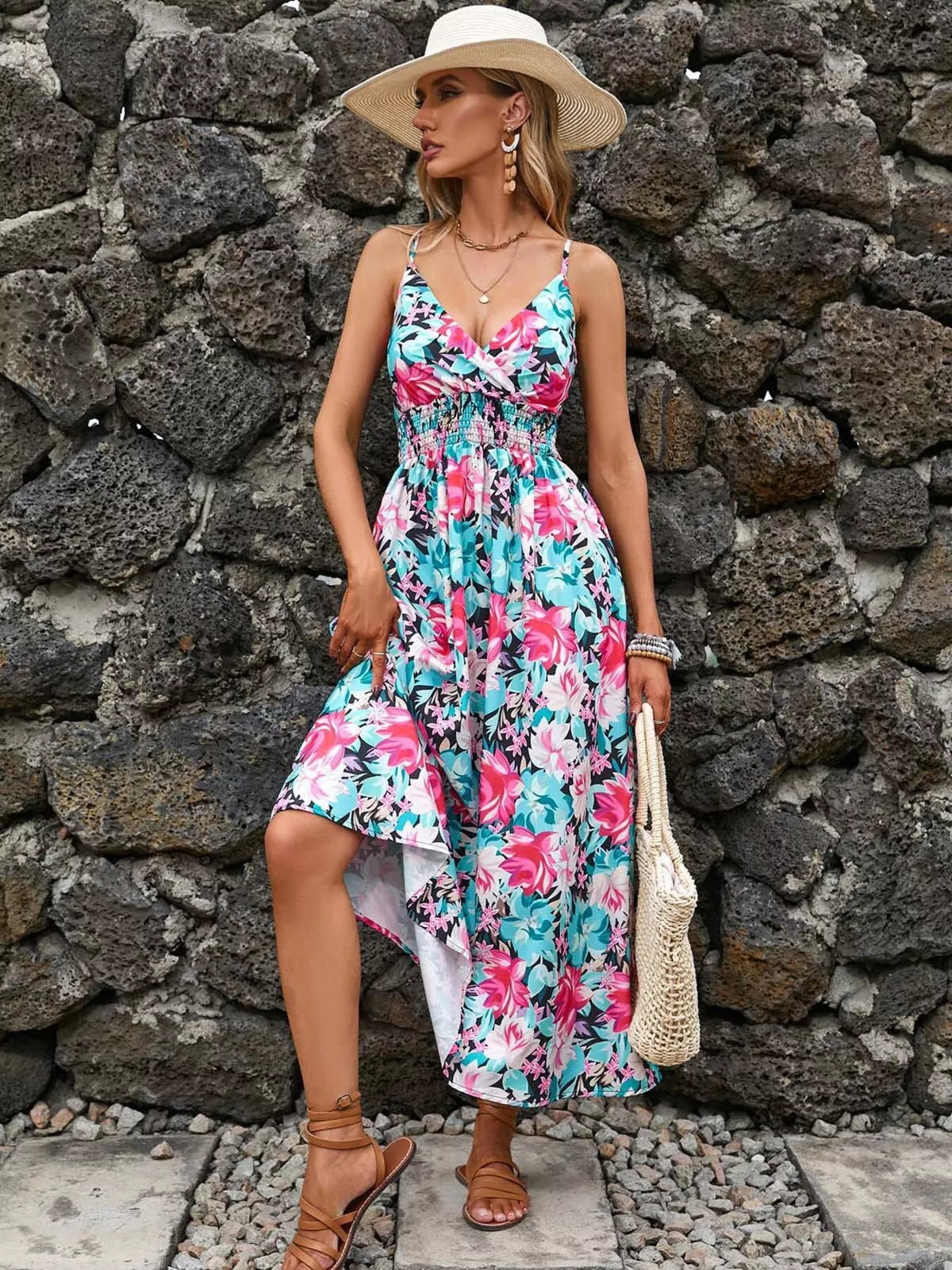 Smocked Paisley Midi Dress