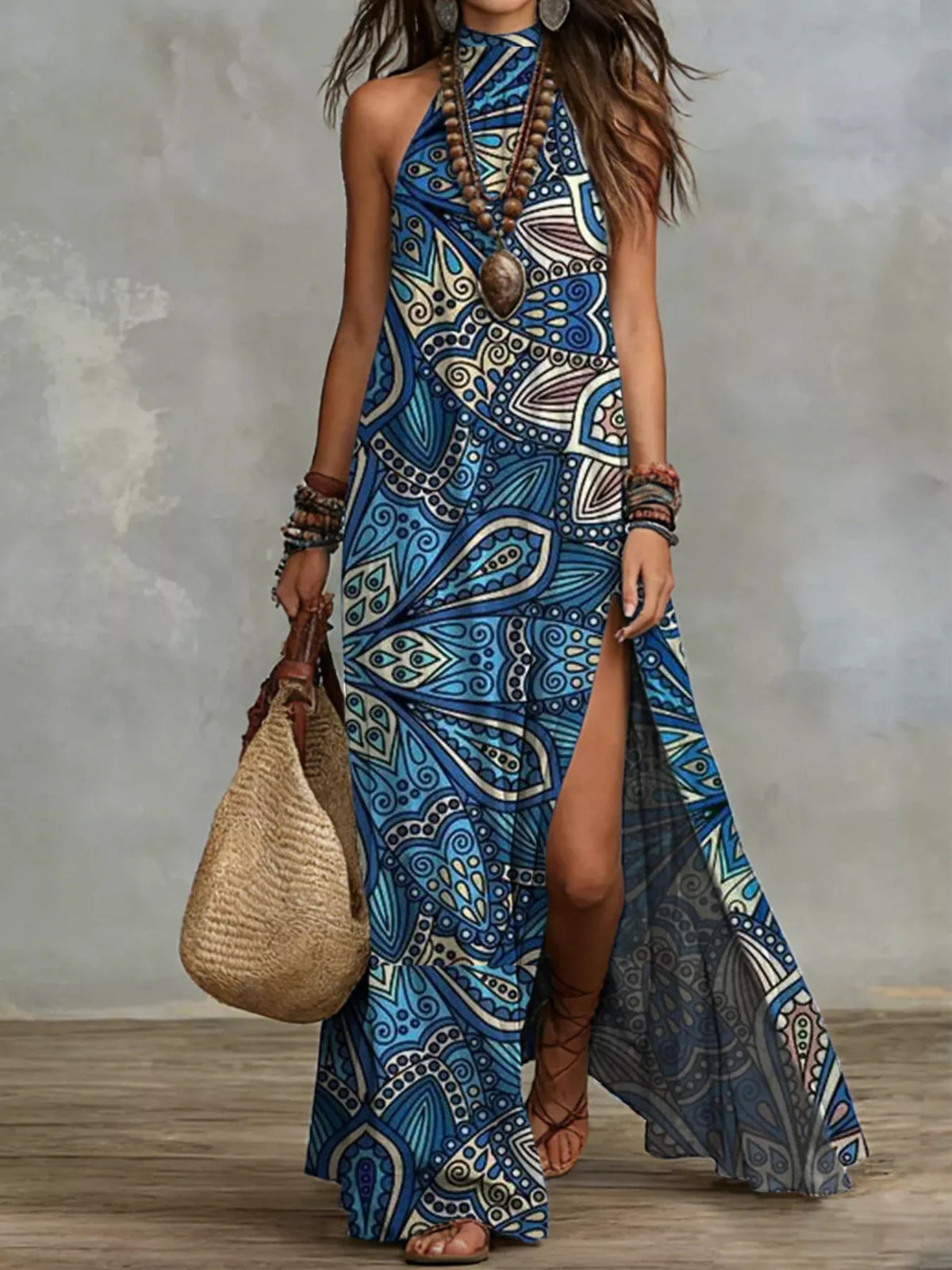 Printed Sleeveless Maxi Dress with Slit