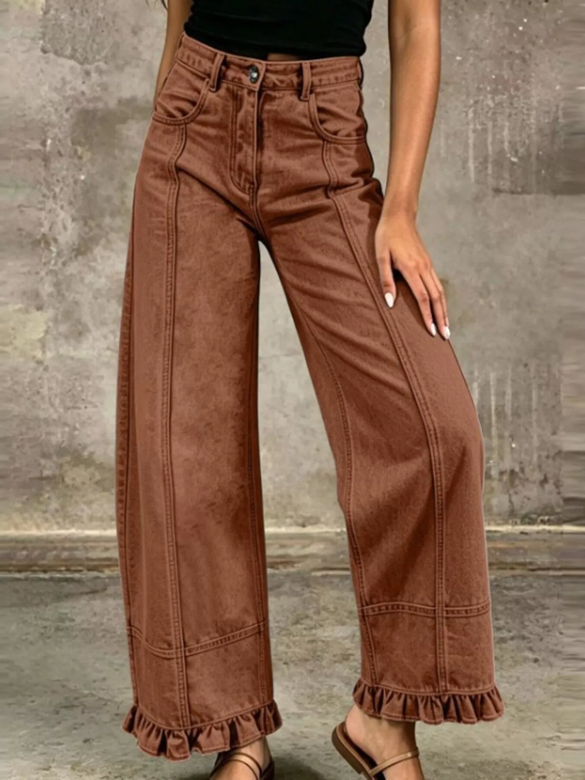High-Waisted Wide-Leg Ruffle Hem Jeans by Invera