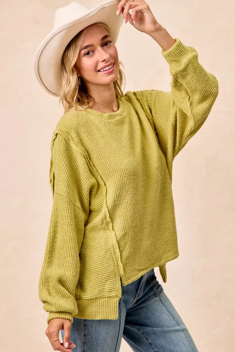 Boucle Uneven Hem Sweater in Lime by BiBi