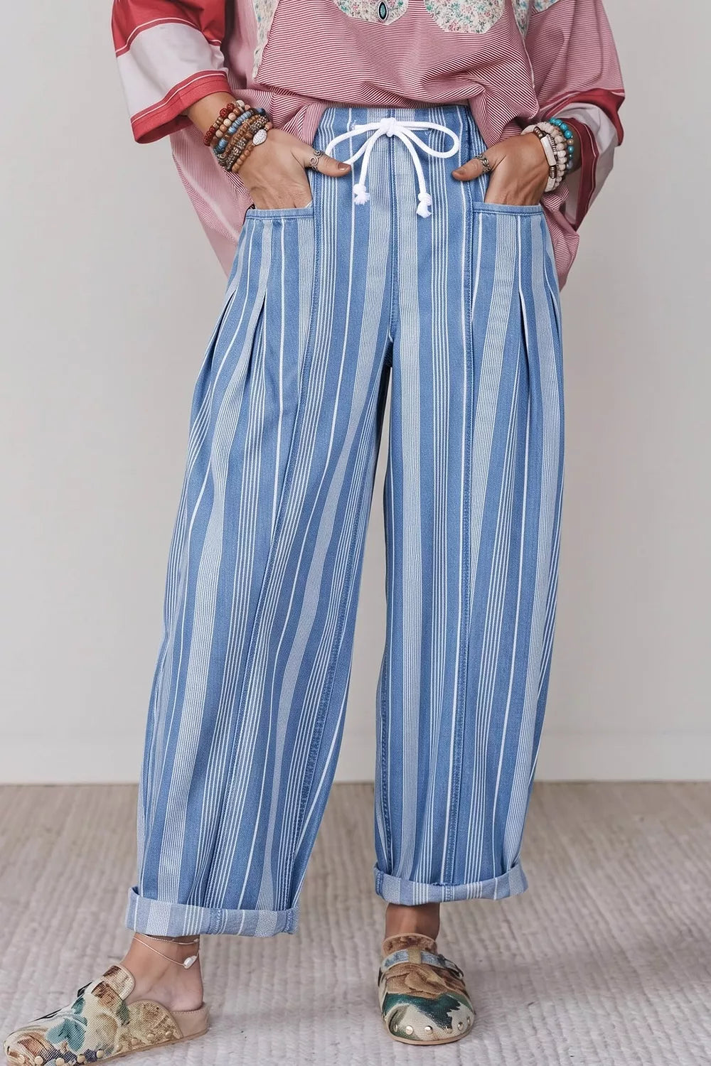 Striped High Waist Barrel Jeans in Light Blue