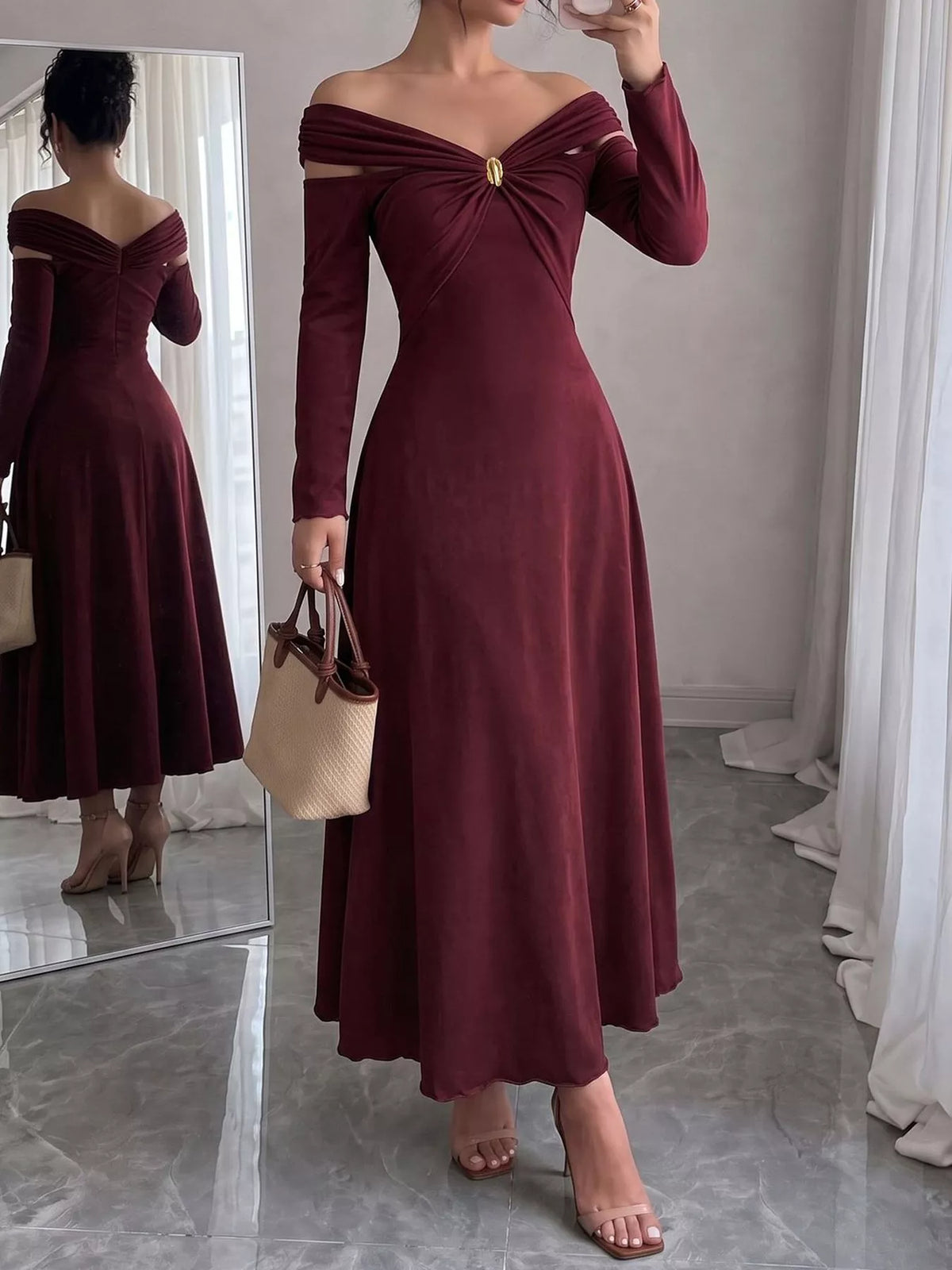 Ruched Off-Shoulder Long-Sleeve Maxi Dress in Burgundy