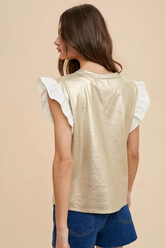 Annie Wear Metallic Knit Ruffle Sleeve Top in Ice Gold
