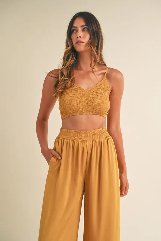 Smocked Bralette Crop Top & Wide Leg Pants Set in Gold Mustard