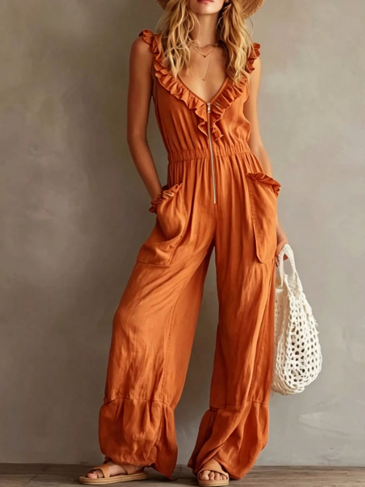 Ruffled V-Neck Jumpsuit with Pockets