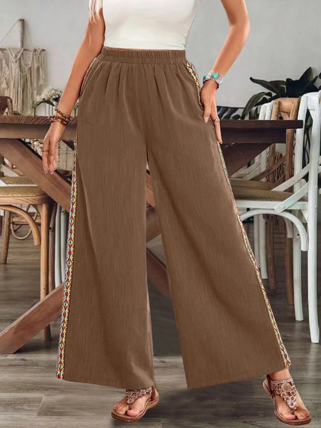 Embroidered Side-Stripe Wide-Leg Pants