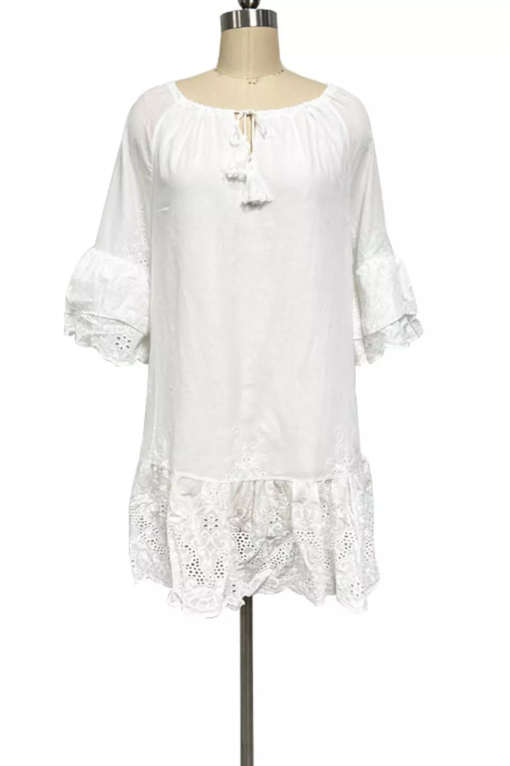 Eyelet Embroidered Tassel Tie Neck Dress in White