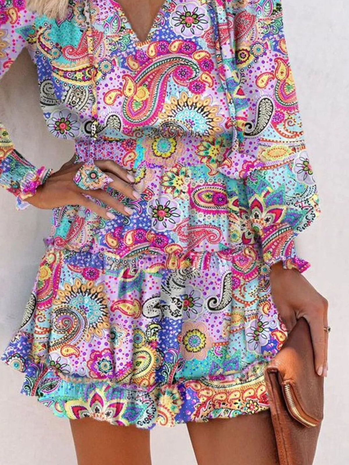 Tie-Neck Lantern Sleeve Dress with Tiered Ruffles