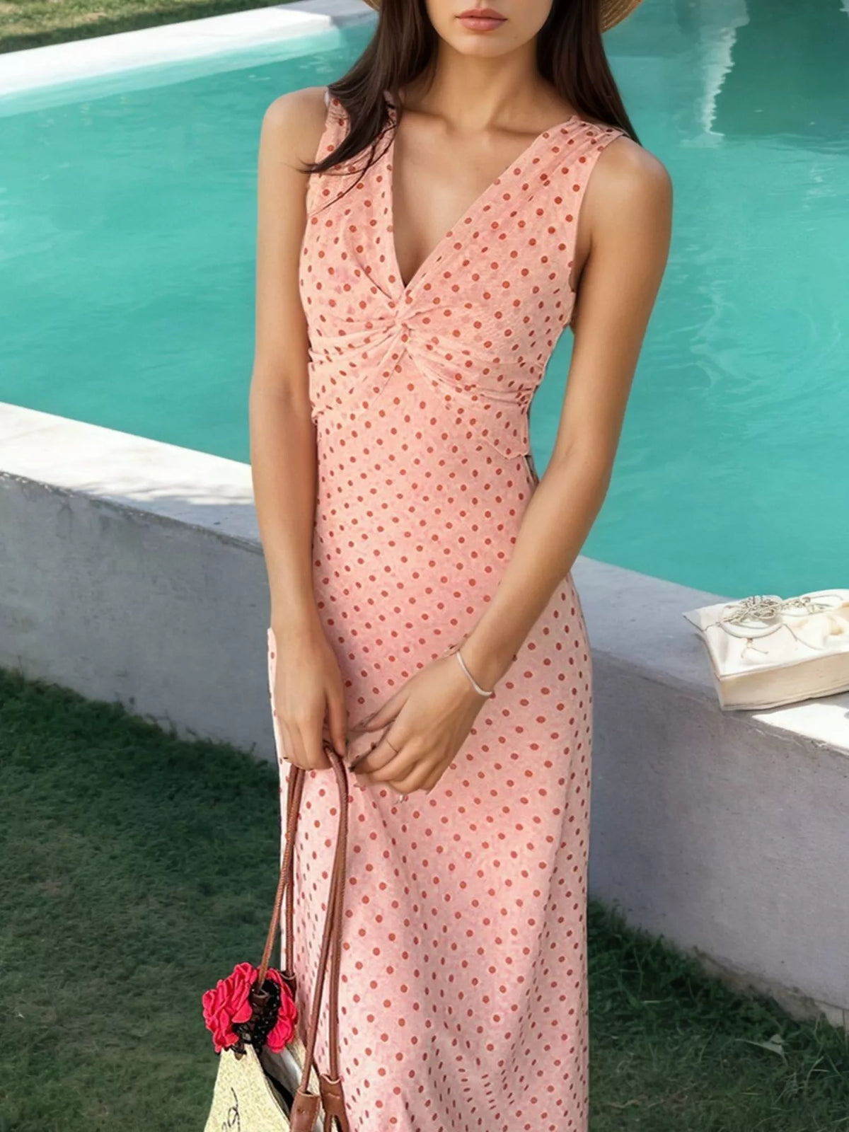 Polka Dot Twist-Front Sleeveless Maxi Dress in Pink
