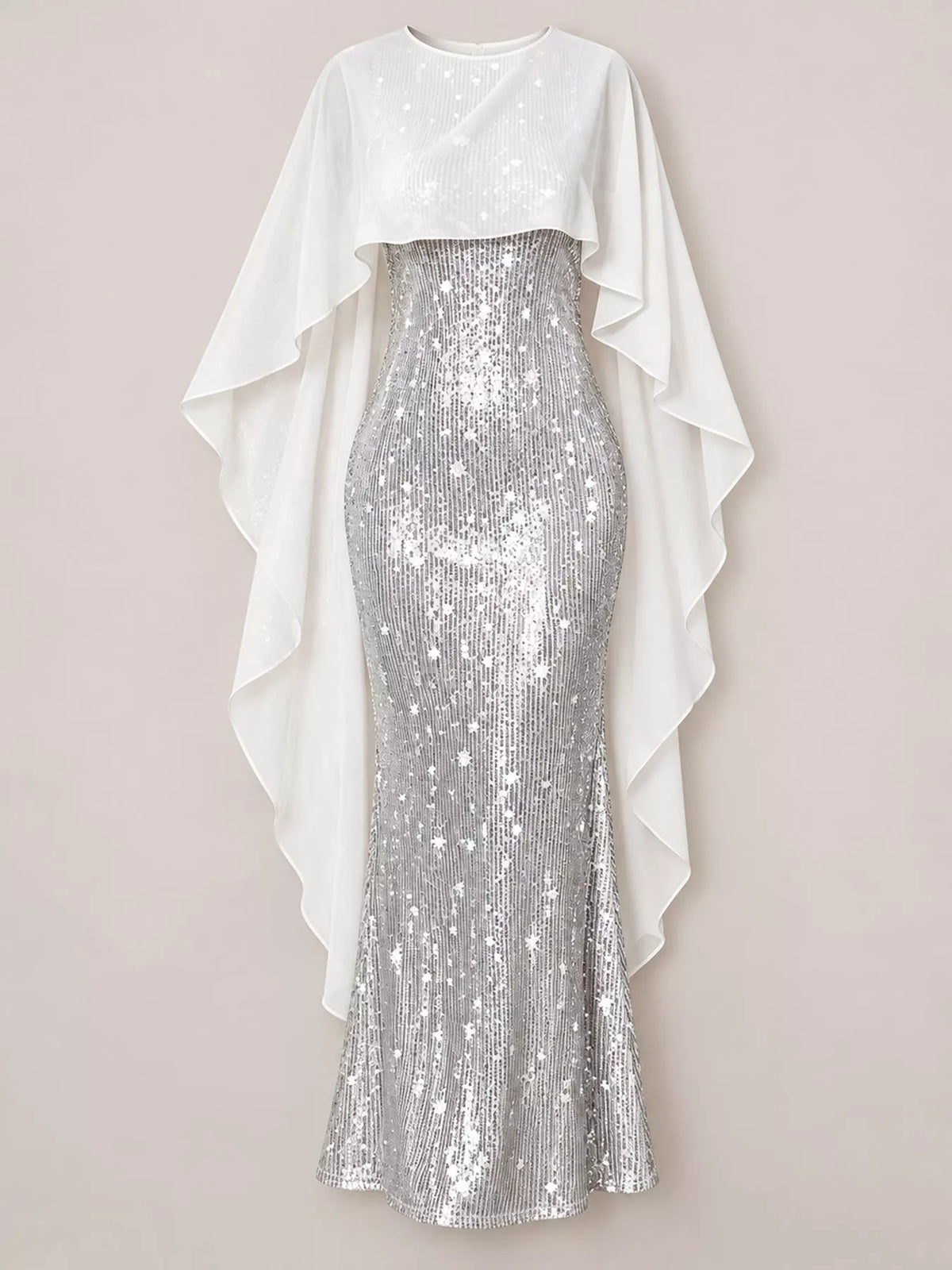 Sequin Cape-Overlay Evening Dress