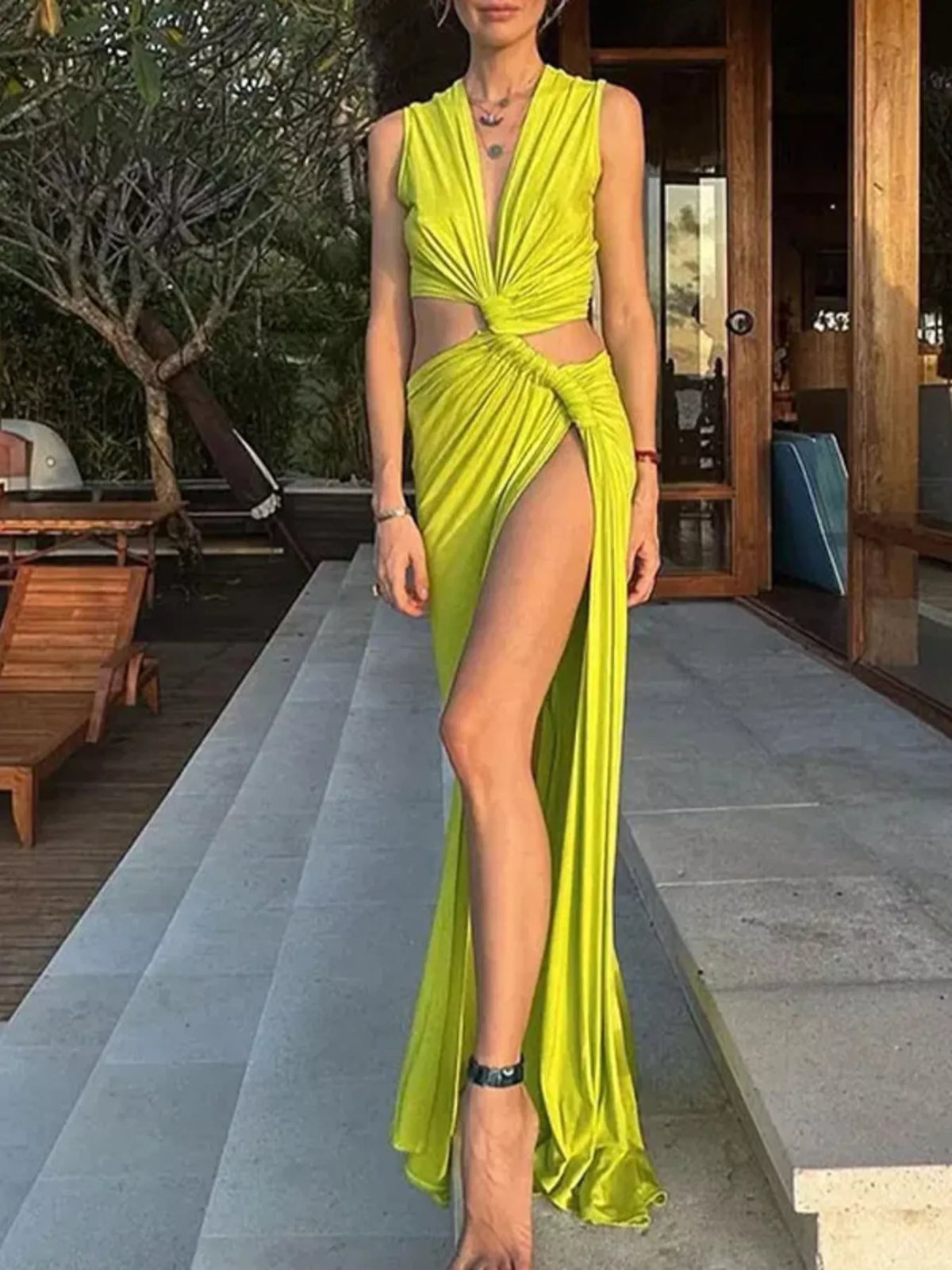 Deep V-Neck High Slit Twisted Maxi Dress