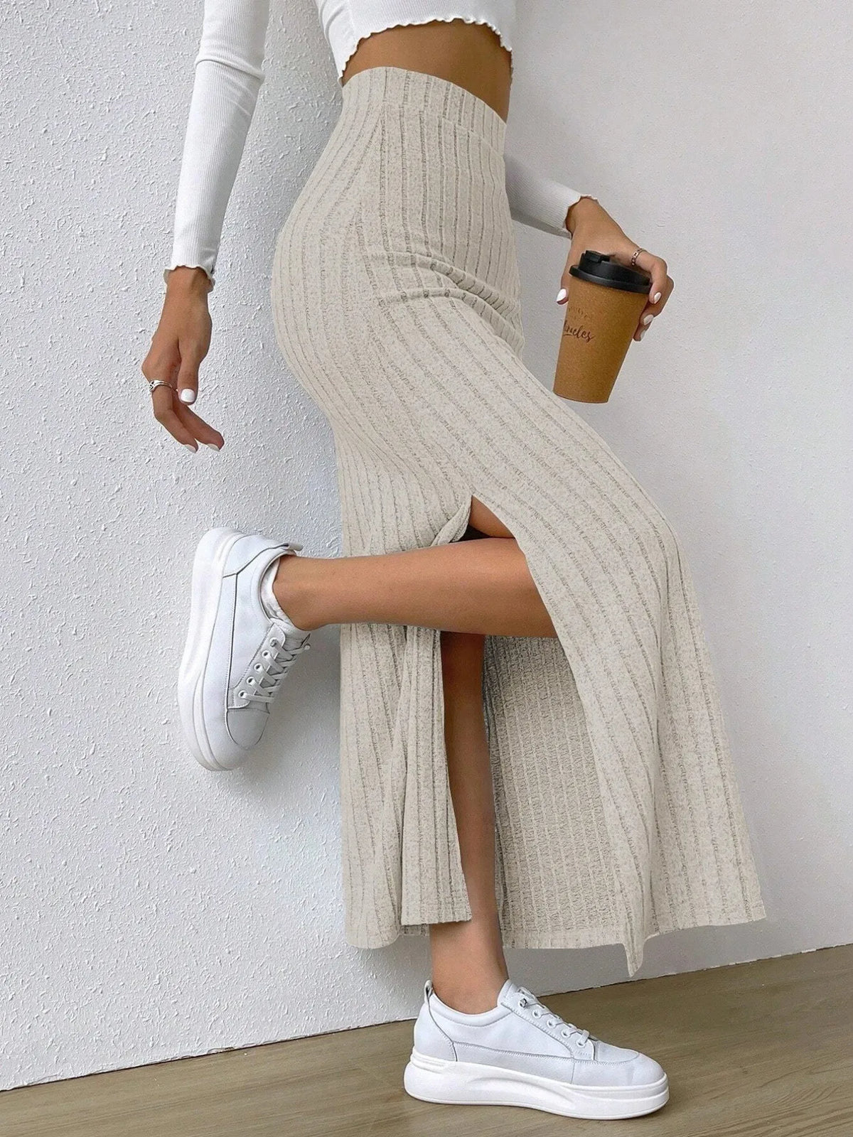 High-Waisted Ribbed Knit Maxi Skirt
