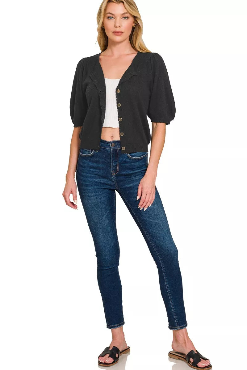 Zenana Puff Sleeve Wool Cardigan in Black