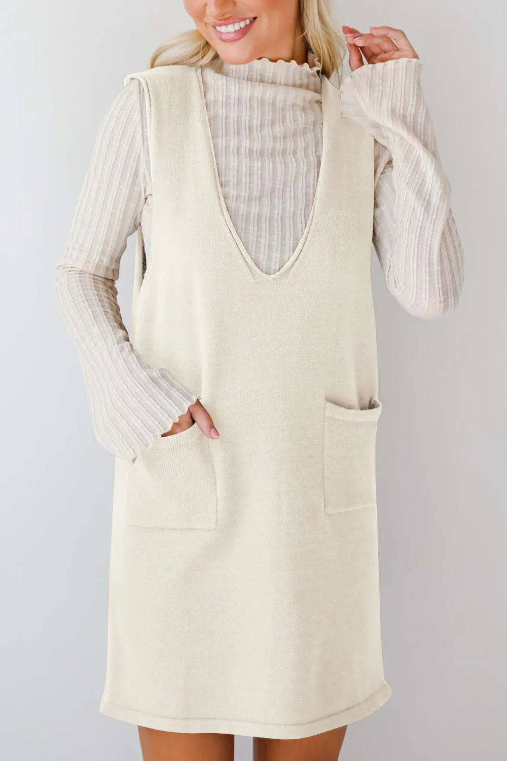 Pocketed V-Neck Mini Sweater Overall Dress