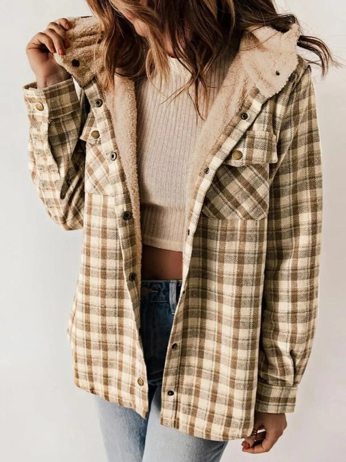 Sherpa-Lined Plaid Hooded Jacket