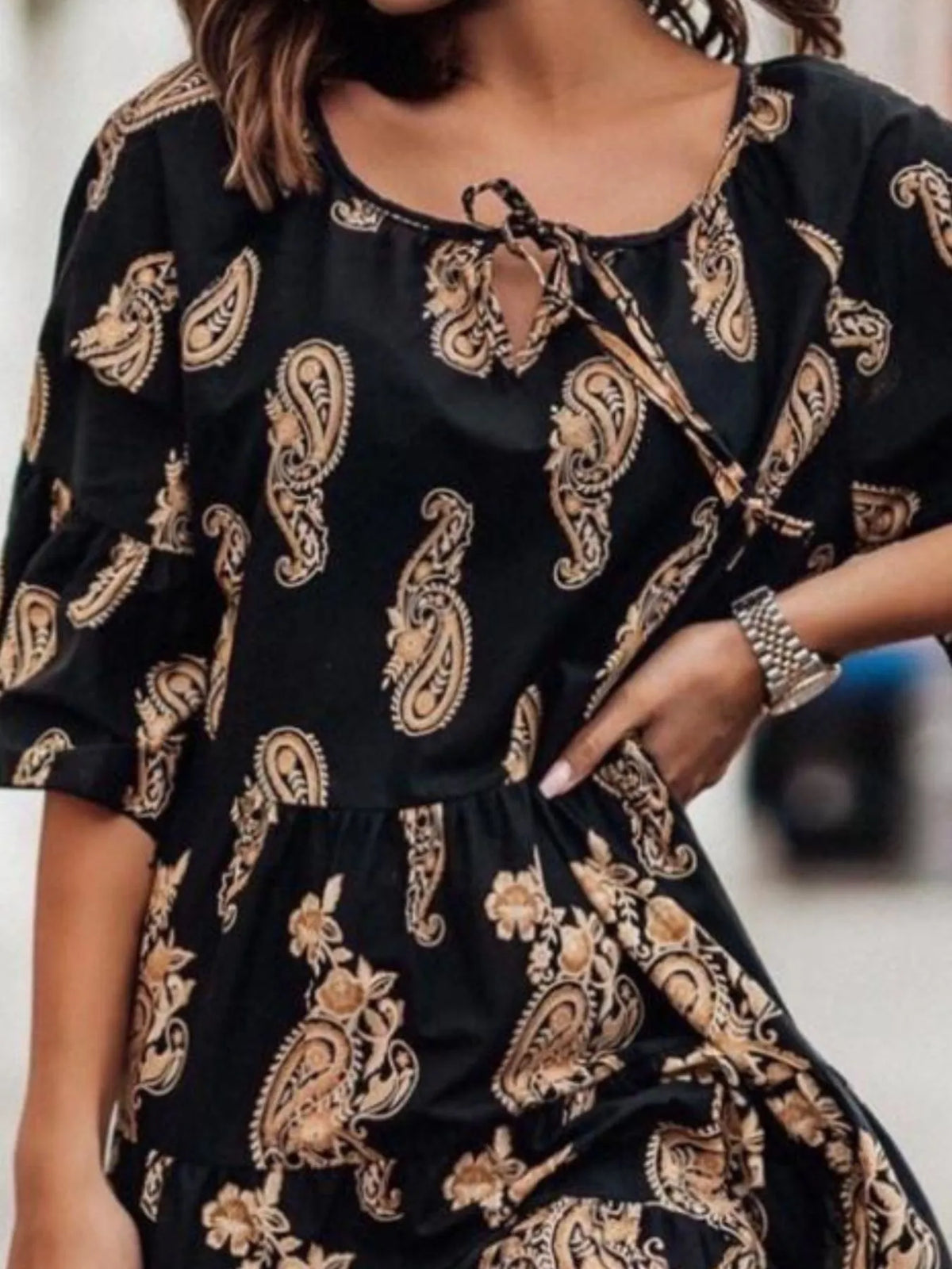 Paisley Tie-Neck Ruffled Half Sleeve Mini Dress