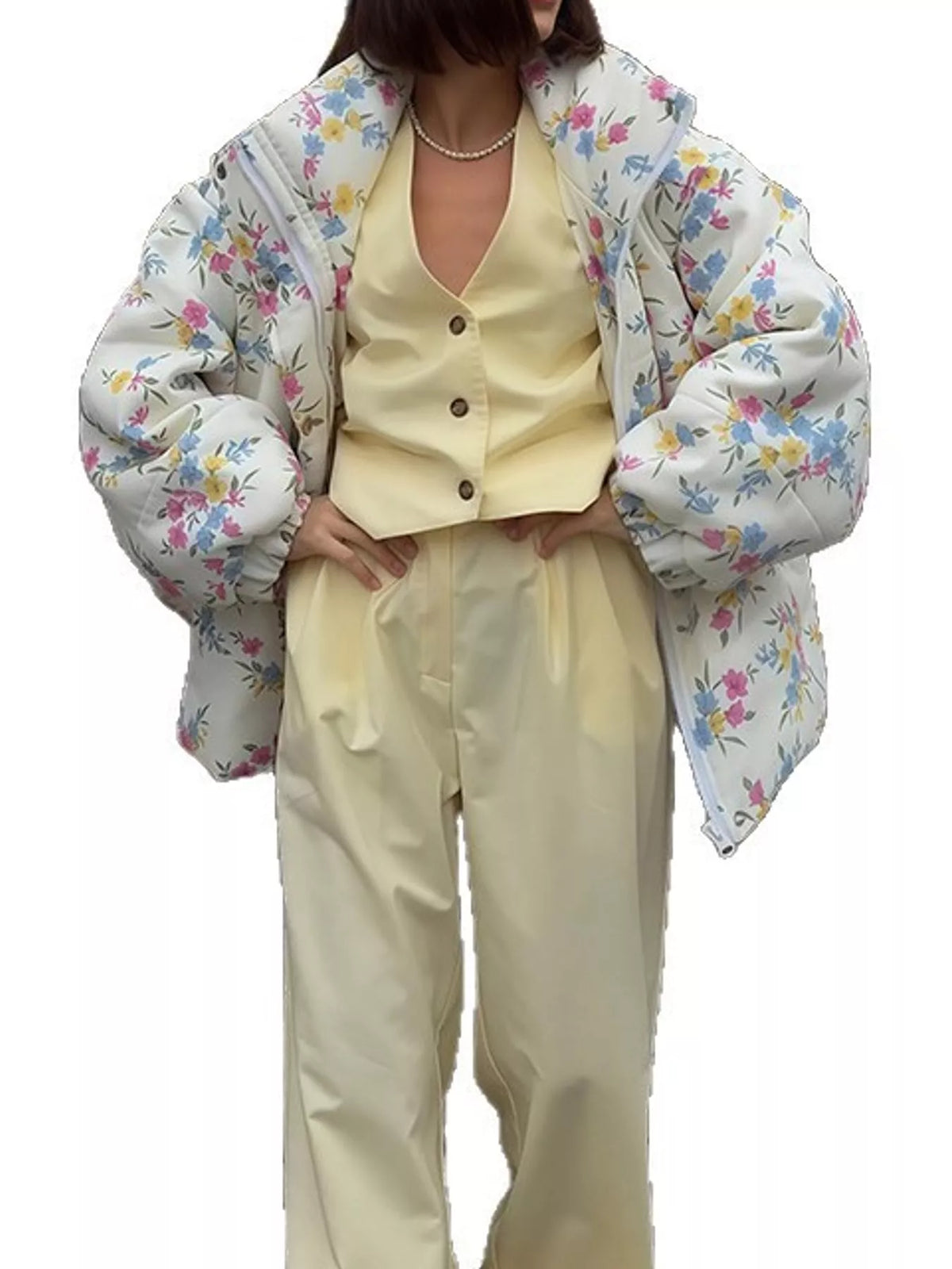 Floral Print Oversized Puffer Jacket in White
