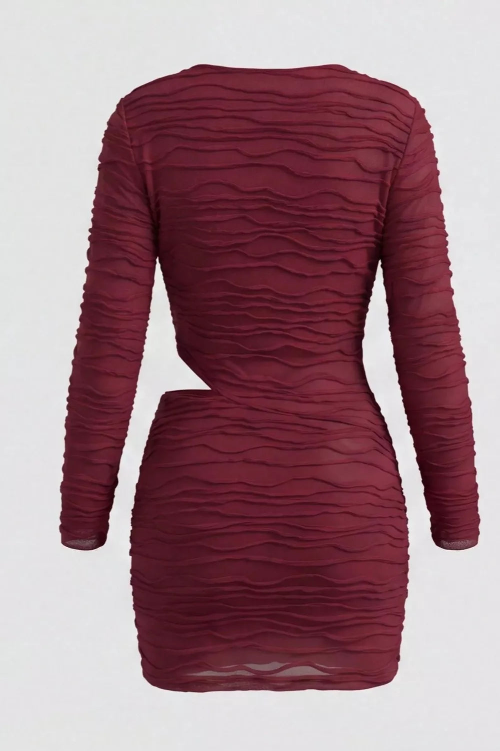 Ruched Cutout Cowl Neck Long Sleeve Mini Dress in Burgundy