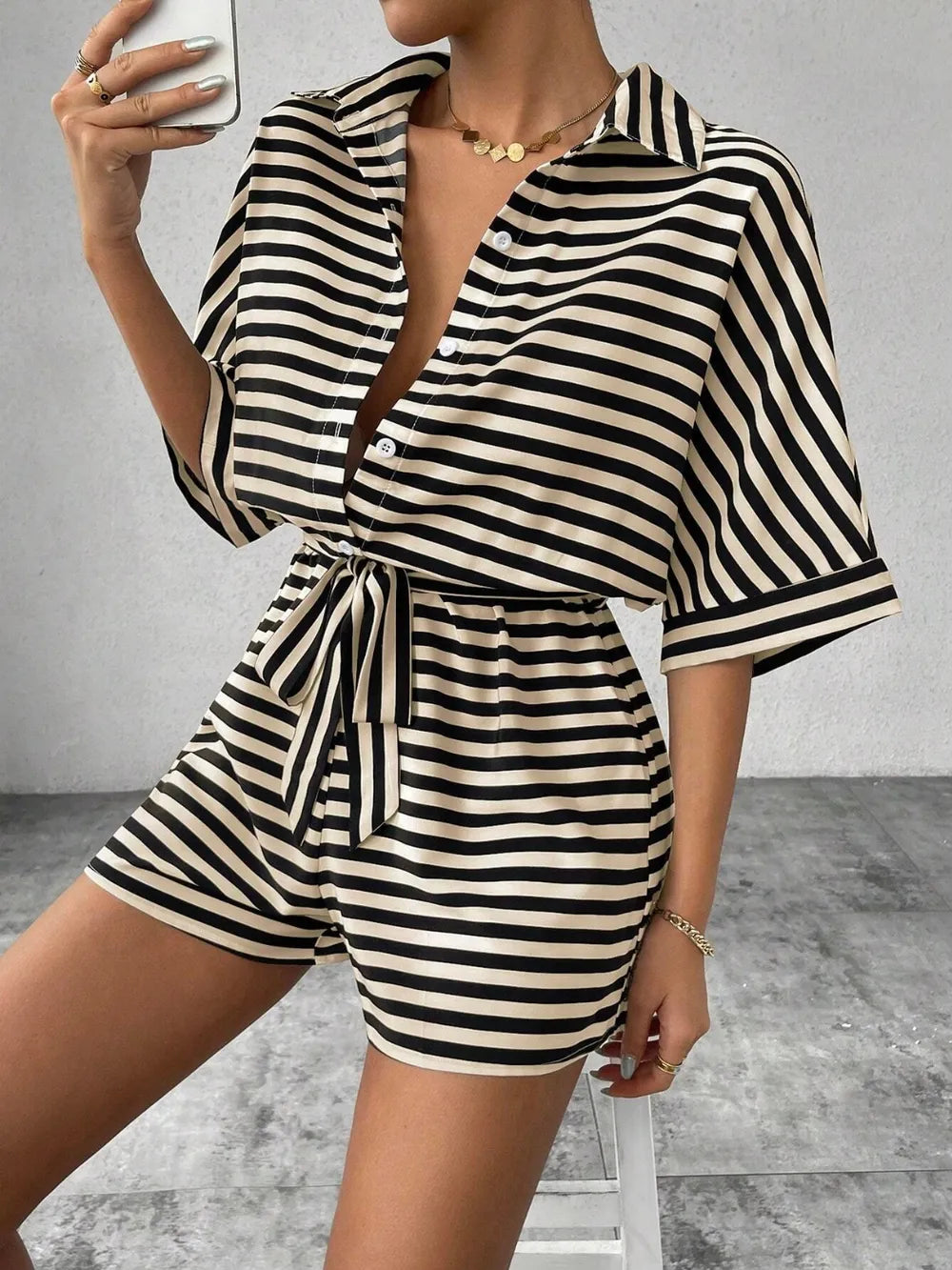 Half-Button Tie Waist Striped Romper