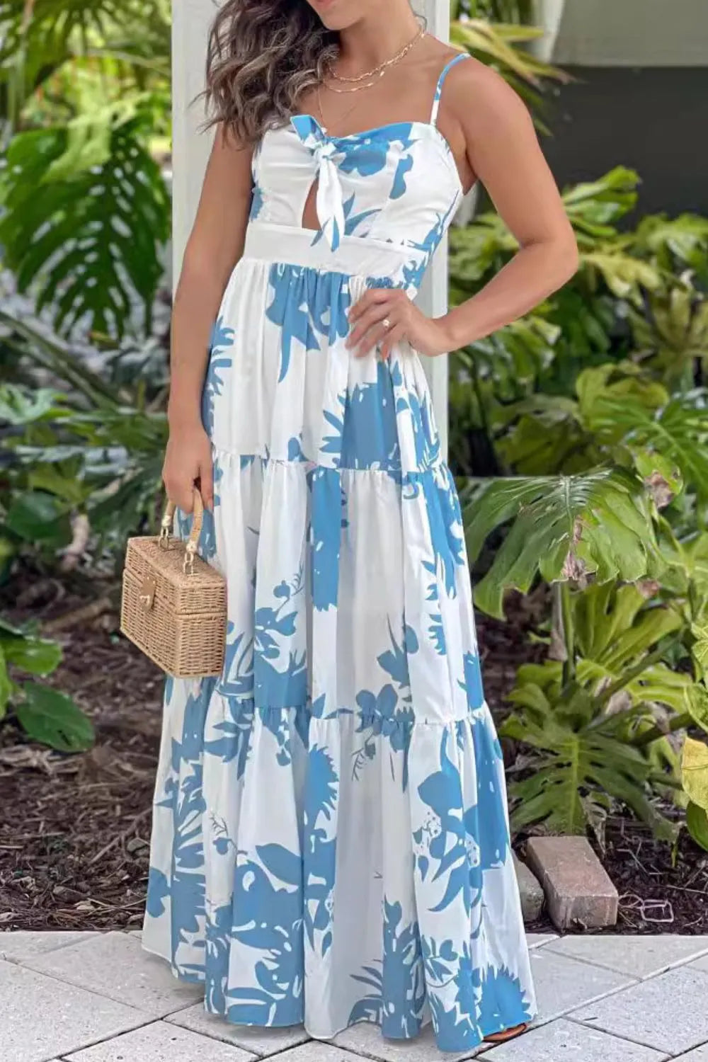 Cutout Sweetheart Neck Tiered Maxi Dress in Sky Blue by Shenori
