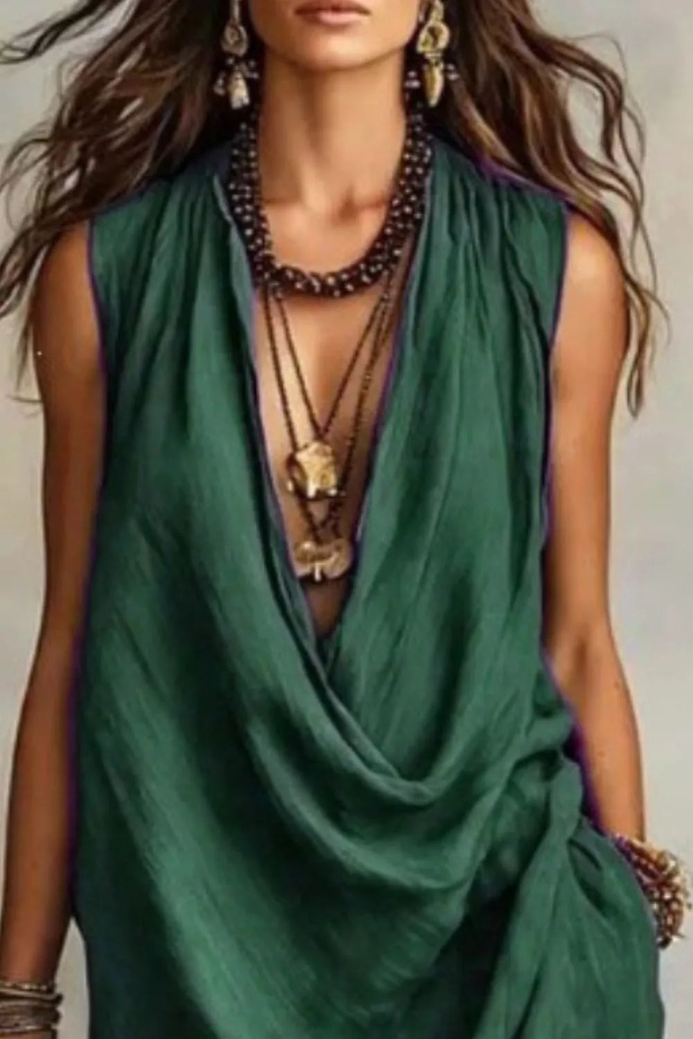 Sleeveless Drape-Neck Midi Dress with Pockets