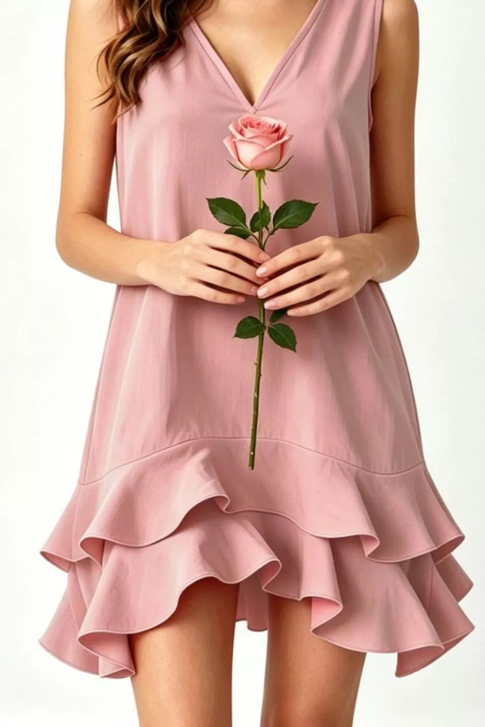 Sleeveless V-Neck Ruffle Hem Mini Dress in Taupe