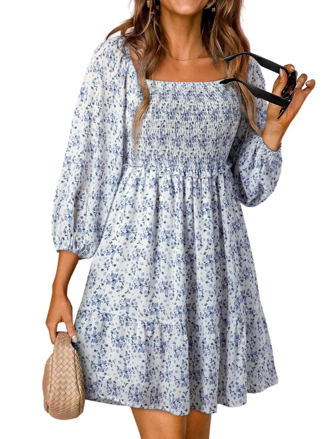 Smocked Floral Square Neck Dress in Apricot