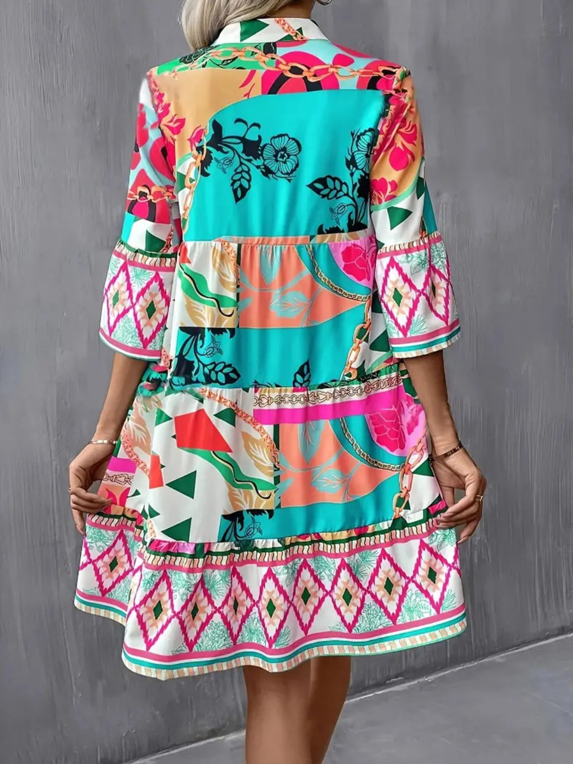 Printed Notched 3/4 Sleeve Tiered Dress in Royal Blue