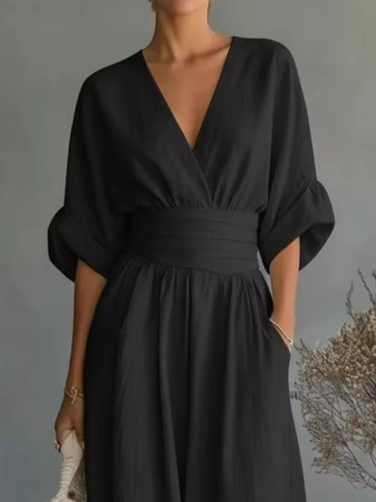 Ruched Half Sleeve Wide-Leg Jumpsuit